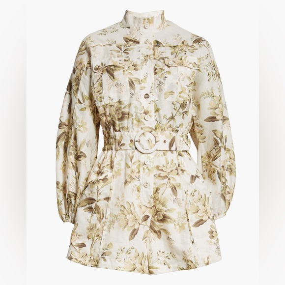 Zimmermann Golden Floral Print Belted Long Sleeve Linen Romper Size 4 - Picture 2 of 11
